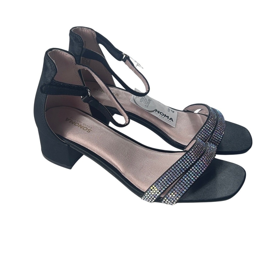 Sonoma HALANABLACK Girls Size 4 Black‎ Rhinestone Block Heel Dress Sandals NWOB